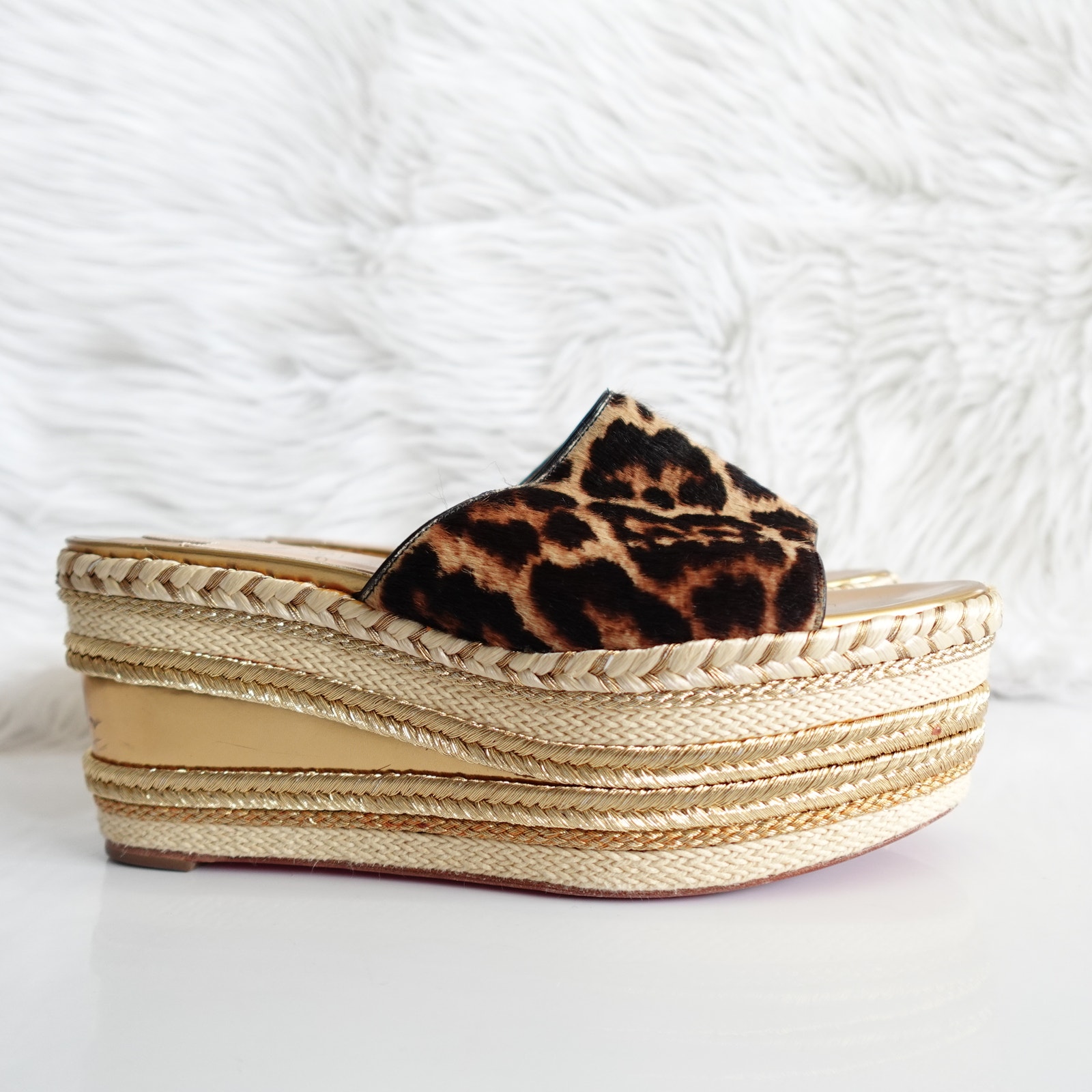 Christian Louboutin Leopard-Print Calf Hair Platform Slip-On Slide Sandals 37